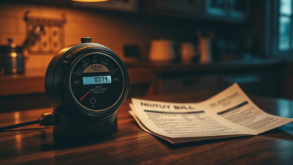 A gas meter and energy bill on a kitchen table