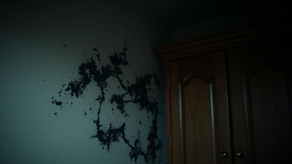 Black mould growing in the corner of a damp wall